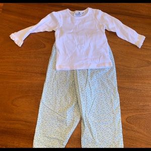 Mary James Blue Floral Pants and White Long Sleeve Shirt with Ruffle Cuffs